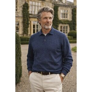 Alex Crane Men's Navy Blue Merino Wool Long Sleeve Polo Sweater XL